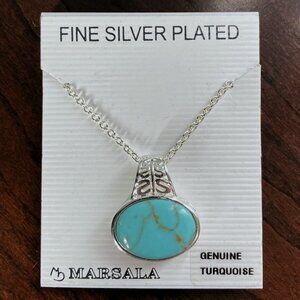 Marsala - Silver Plated Necklace, with Genuine Turquoise Filigree Pendant -NWT